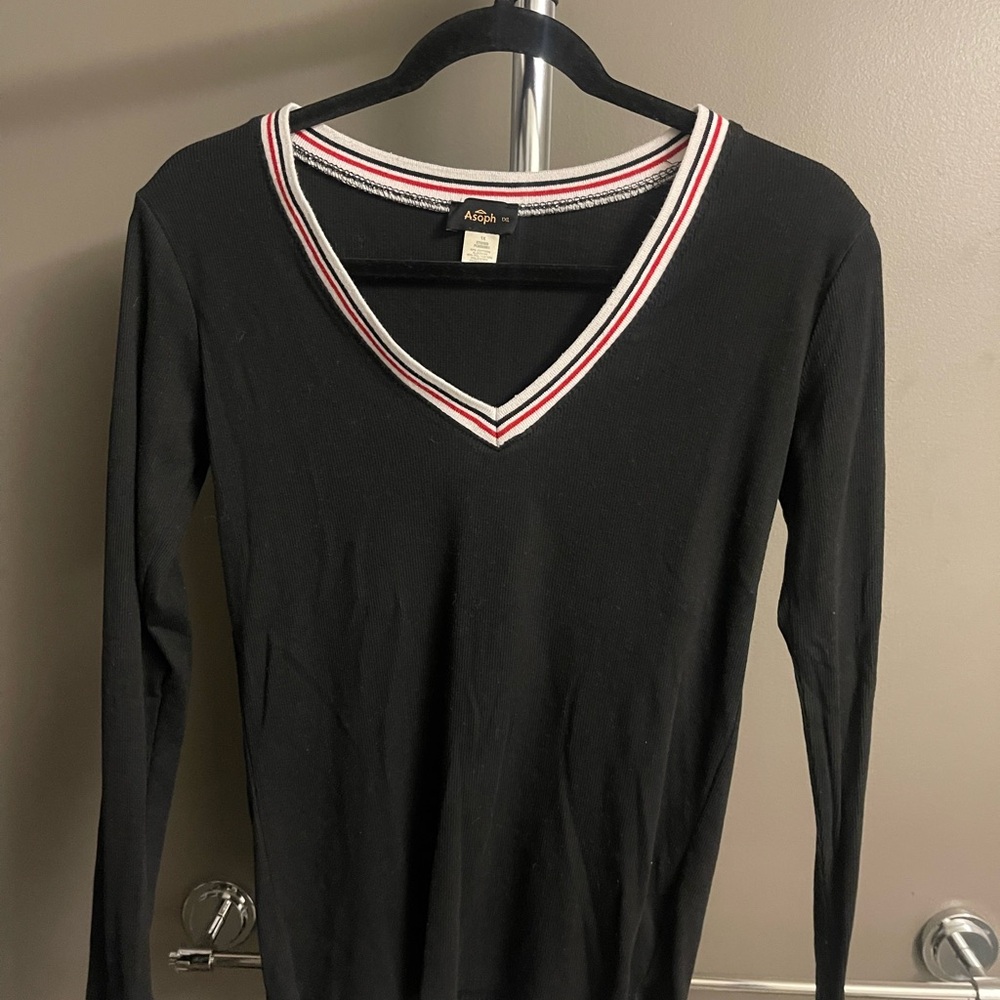 Asoph Black Long Sleeve Tee with Striped V-Neck